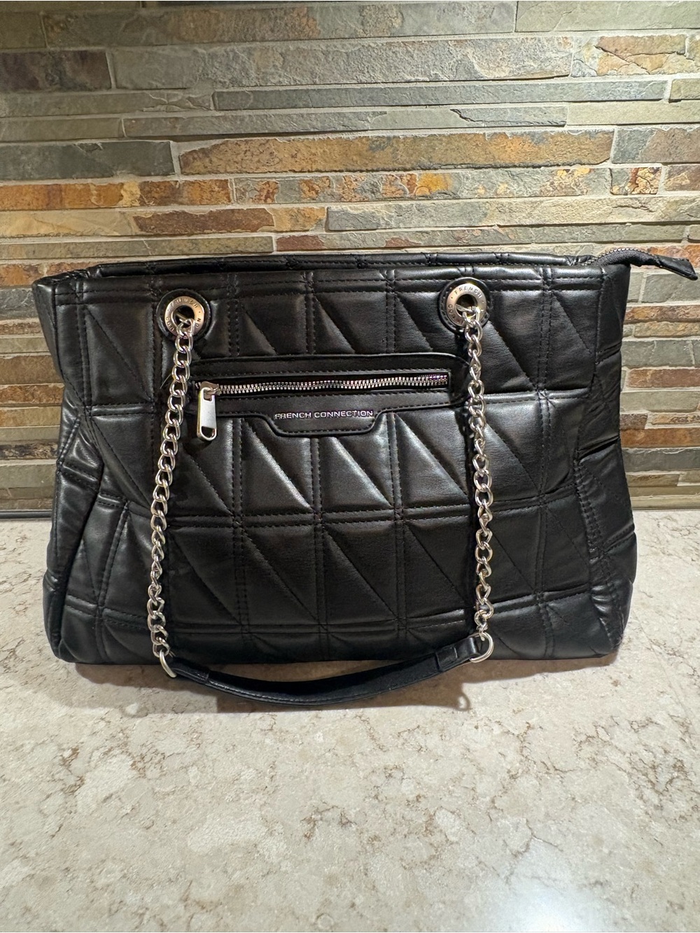 French Connection Black Quilted Tote with Chain-Strap Detail
